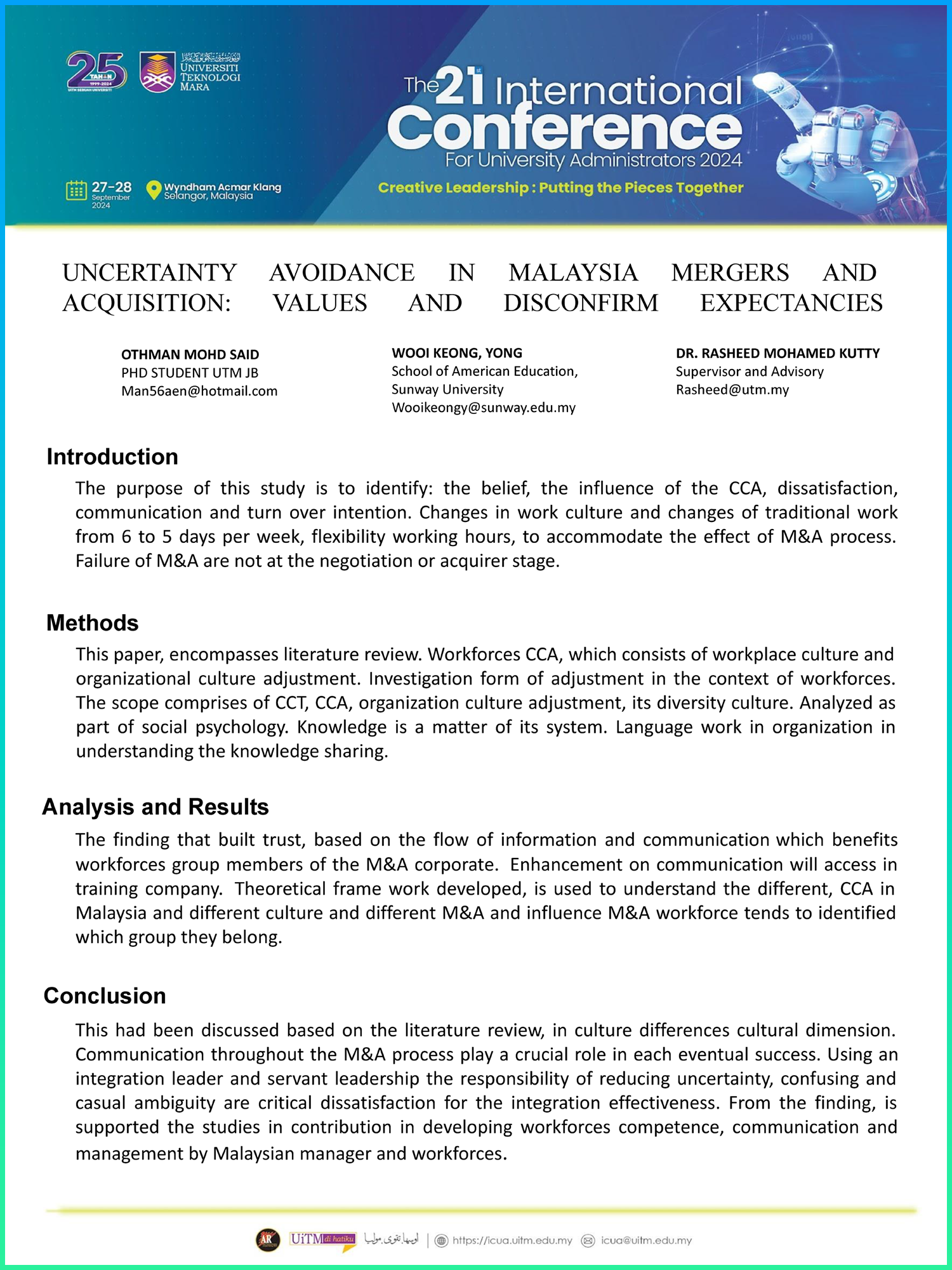 Poster 3: Uncertainty Avoidance In Malaysia Mergers & Acquisition: Values & Disconfirm Expectancies